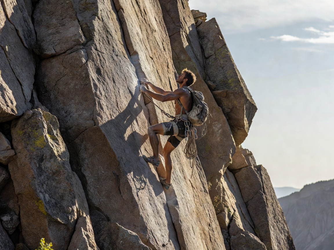 A climber scaling a sheer rock face