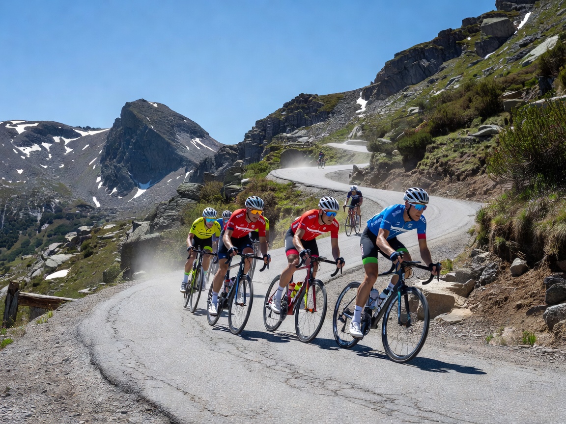Cyclists riding up a steep mountain pass